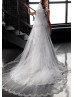 Mermaid Ivory Lace Tulle Jewel Neckline Sheer Back Court Train Wedding Dress